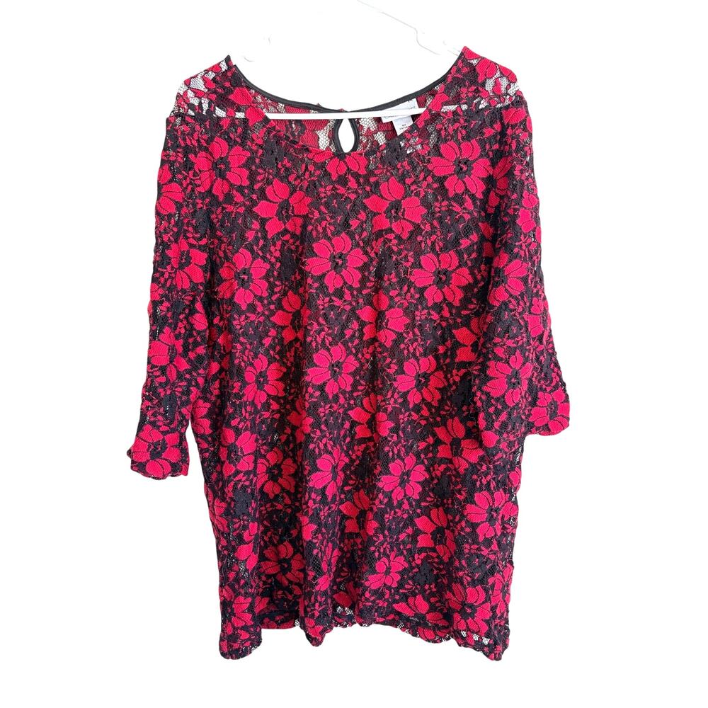 Catherines Lace Top Sheer Red Black Floral 3/4 Sleeves 0X Whimsigoth Vamp Y2K